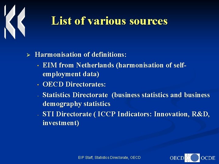 List of various sources Ø Harmonisation of definitions: • EIM from Netherlands (harmonisation of