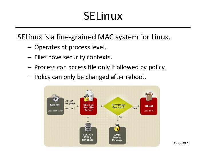 SELinux is a fine-grained MAC system for Linux. – – Operates at process level.