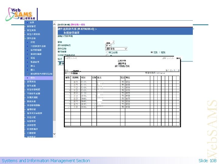 201 9 2019/ 2018/2019 2020 Systems and Information Management Section Slide 108 