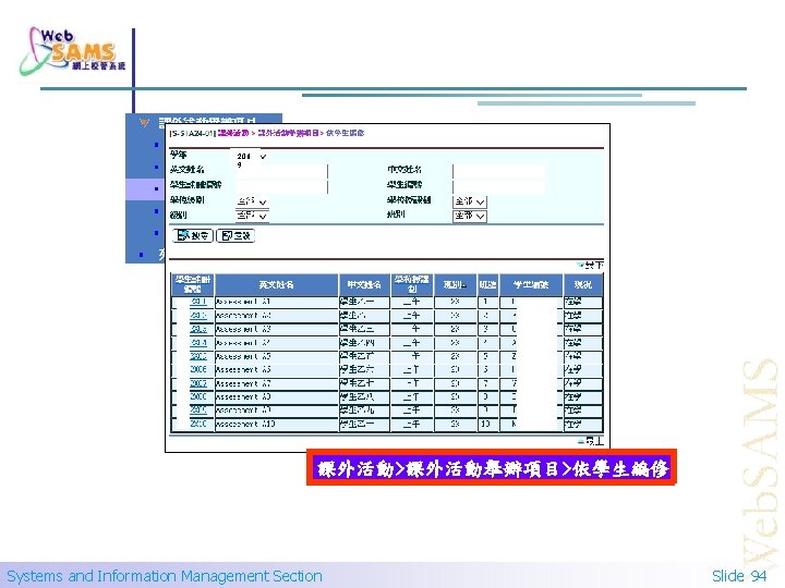 201 9 課外活動>課外活動舉辦項目>依學生編修 Systems and Information Management Section Slide 94 