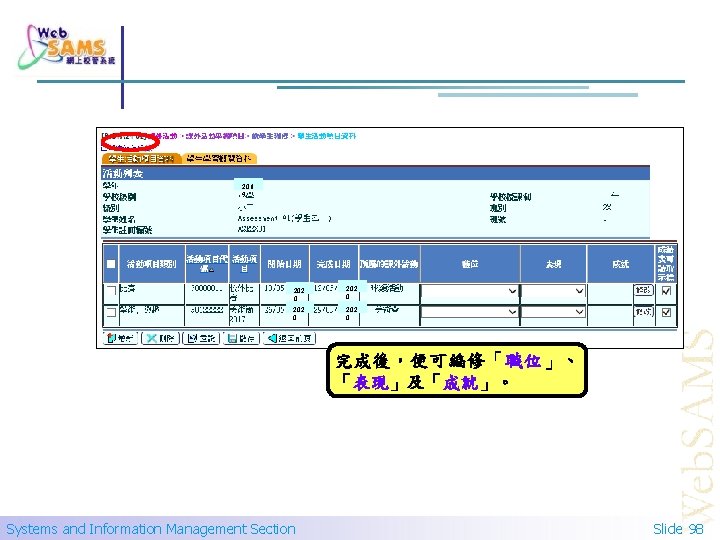 201 9 202 0 完成後，便可編修「職位」、 「表現」及「成就」。 Systems and Information Management Section Slide 98 