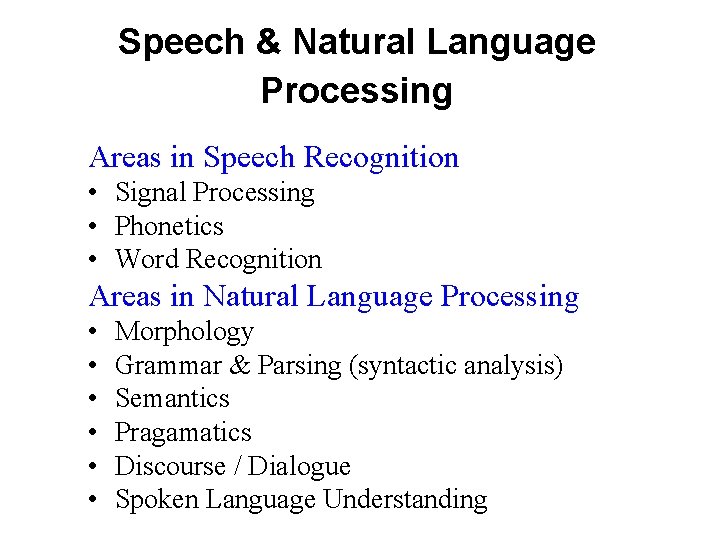 Speech & Natural Language Processing Areas in Speech Recognition • Signal Processing • Phonetics