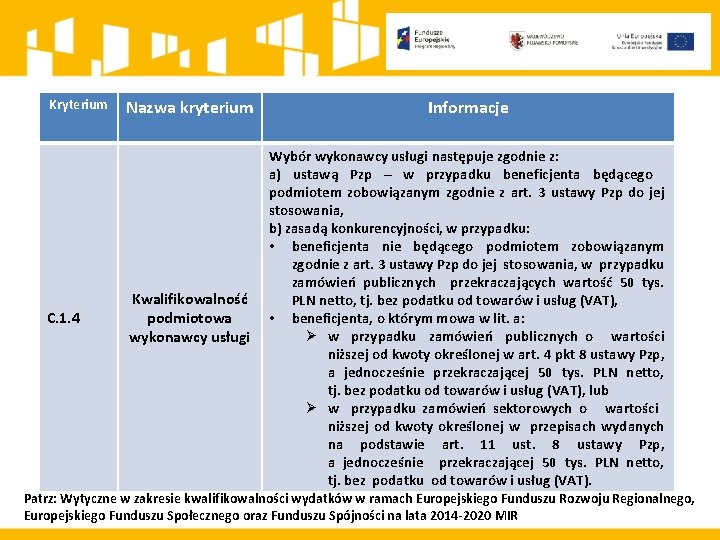 Kryterium C. 1. 4 Nazwa kryterium Informacje Kwalifikowalność podmiotowa wykonawcy usługi Wybór wykonawcy usługi