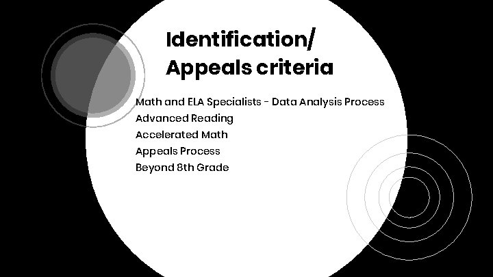 Identification/ Appeals criteria Math and ELA Specialists - Data Analysis Process Advanced Reading Accelerated