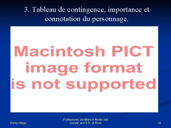 3. Tableau de contingence, importance et connotation du personnage. Elena Allegri Professional Identities in