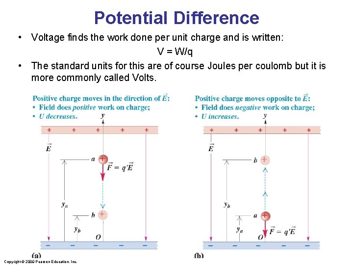 Potential Difference • Voltage finds the work done per unit charge and is written: