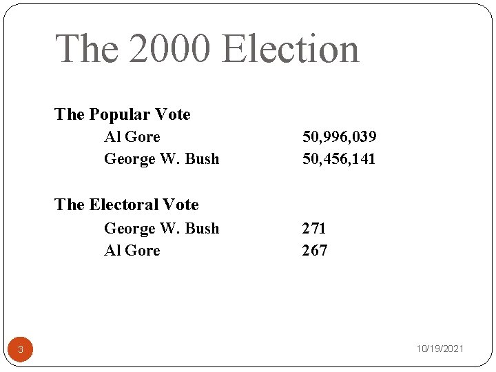 The 2000 Election The Popular Vote Al Gore George W. Bush 50, 996, 039