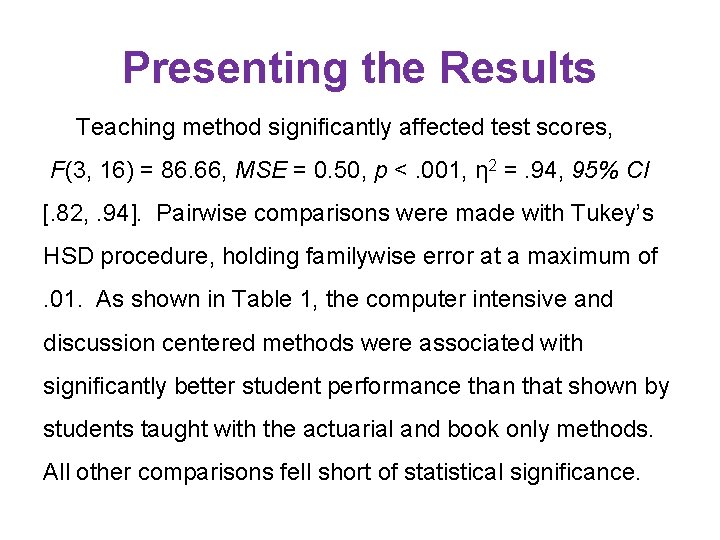 Presenting the Results Teaching method significantly affected test scores, F(3, 16) = 86. 66,