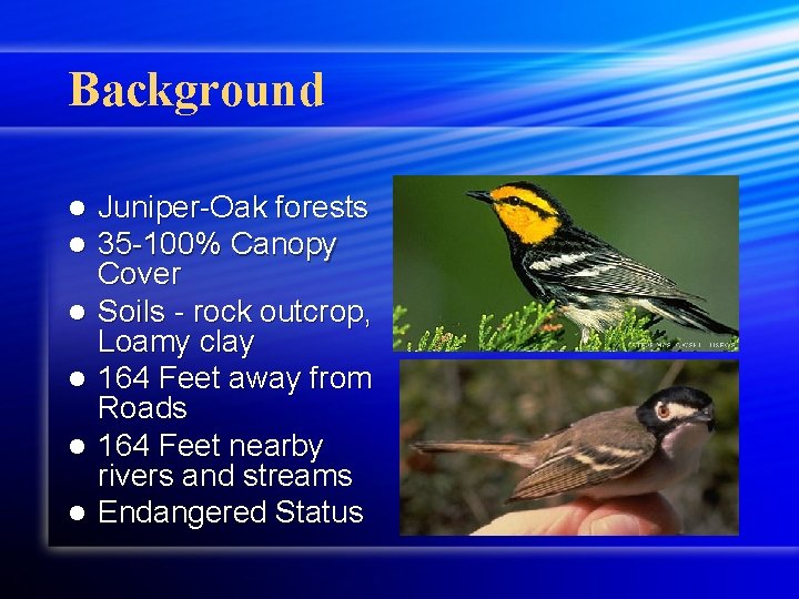 Background l l l Juniper-Oak forests 35 -100% Canopy Cover Soils - rock outcrop,