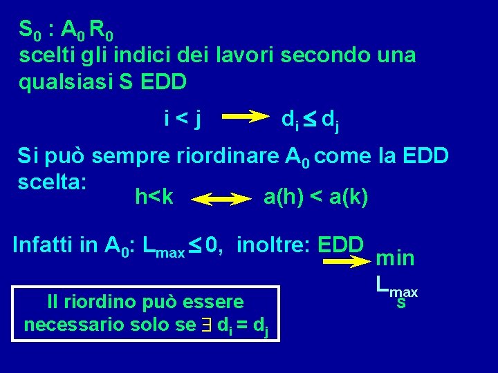 S 0 : A 0 R 0 scelti gli indici dei lavori secondo una