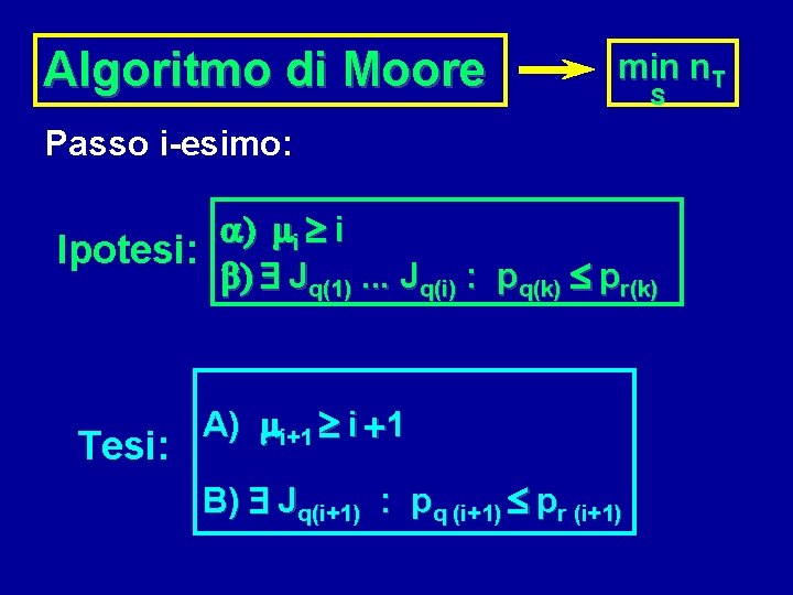 Algoritmo di Moore min n. T S Passo i-esimo: a) mi ³ i Ipotesi: