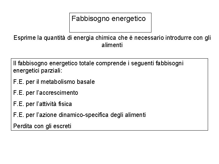 Fabbisogno energetico Esprime la quantità di energia chimica che è necessario introdurre con gli