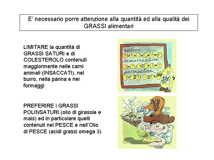 E’ necessario porre attenzione alla quantità ed alla qualità dei GRASSI alimentari LIMITARE la