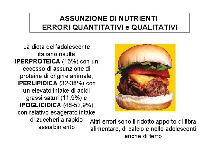 ASSUNZIONE DI NUTRIENTI ERRORI QUANTITATIVI e QUALITATIVI La dieta dell’adolescente italiano risulta IPERPROTEICA (15%)