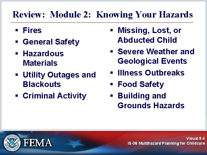 Review: Module 2: Knowing Your Hazards § Fires § General Safety § Hazardous Materials