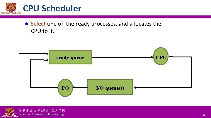 CPU Scheduler l Select one of the ready processes, and allocates the CPU to