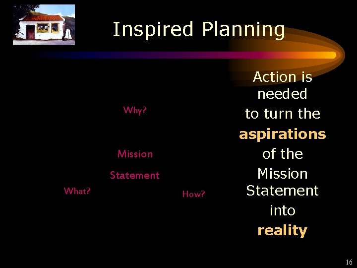 Inspired Planning Why? Mission Statement What? How? Action is needed to turn the aspirations