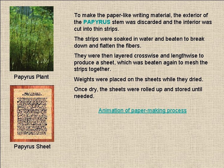 To make the paper-like writing material, the exterior of the PAPYRUS stem was discarded