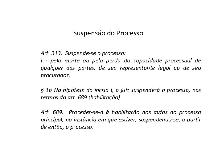 Suspensão do Processo Art. 313. Suspende-se o processo: I - pela morte ou pela