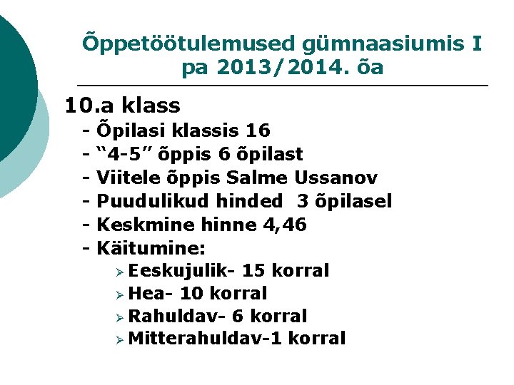 Õppetöötulemused gümnaasiumis I pa 2013/2014. õa 10. a klass - Õpilasi klassis 16 “