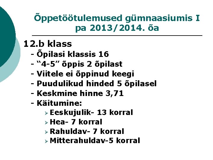 Õppetöötulemused gümnaasiumis I pa 2013/2014. õa 12. b klass - Õpilasi klassis 16 “