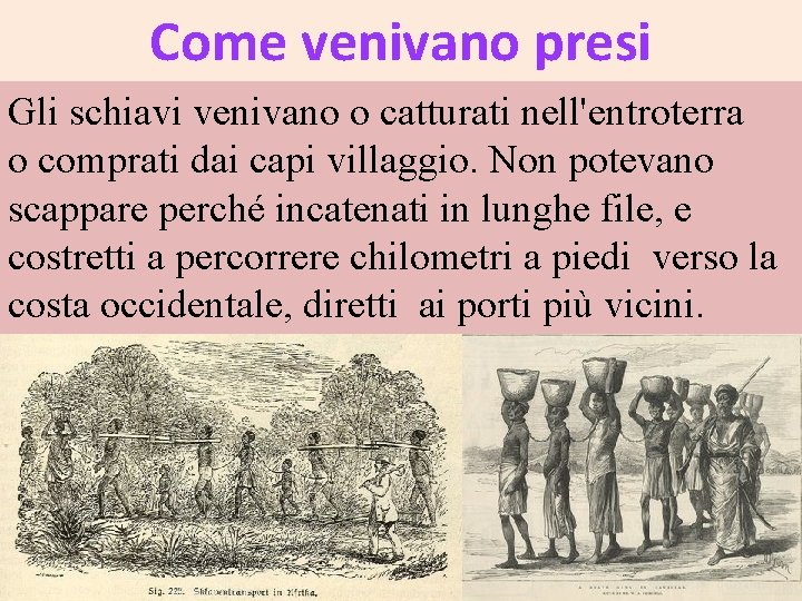 Come venivano presi Gli schiavi venivano o catturati nell'entroterra o comprati dai capi villaggio.