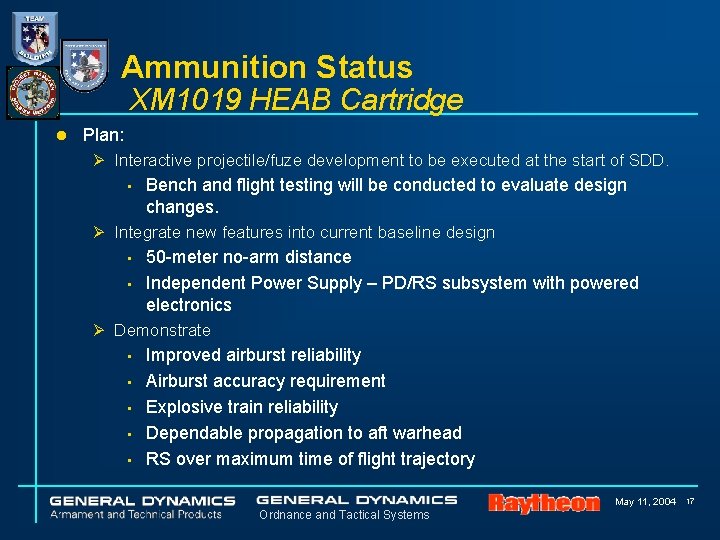 Ammunition Status XM 1019 HEAB Cartridge l Plan: Ø Interactive projectile/fuze development to be Ammunition Status XM 1019 HEAB Cartridge l Plan: Ø Interactive projectile/fuze development to be