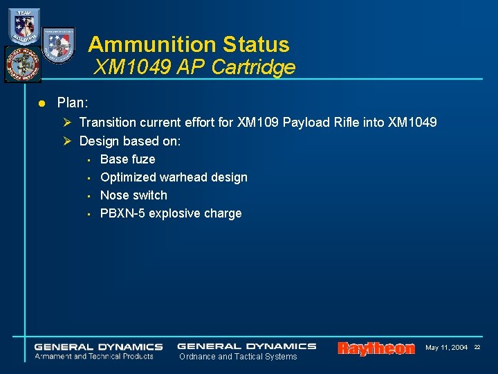 Ammunition Status XM 1049 AP Cartridge l Plan: Ø Transition current effort for XM Ammunition Status XM 1049 AP Cartridge l Plan: Ø Transition current effort for XM
