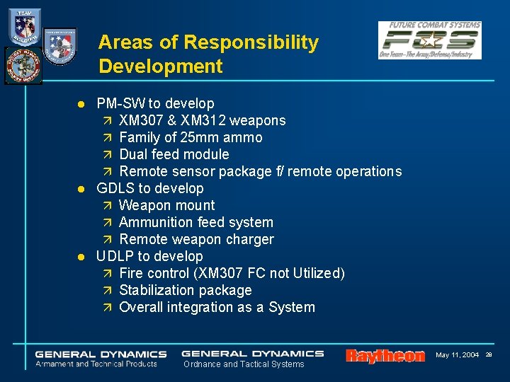 Areas of Responsibility Development PM-SW to develop ä XM 307 & XM 312 weapons Areas of Responsibility Development PM-SW to develop ä XM 307 & XM 312 weapons