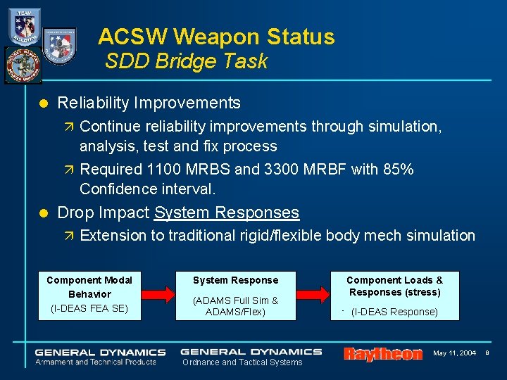 ACSW Weapon Status SDD Bridge Task l Reliability Improvements ä Continue reliability improvements through ACSW Weapon Status SDD Bridge Task l Reliability Improvements ä Continue reliability improvements through