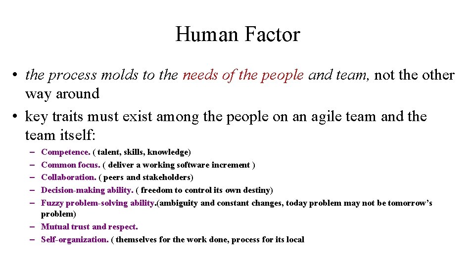 Human Factor • the process molds to the needs of the people and team,