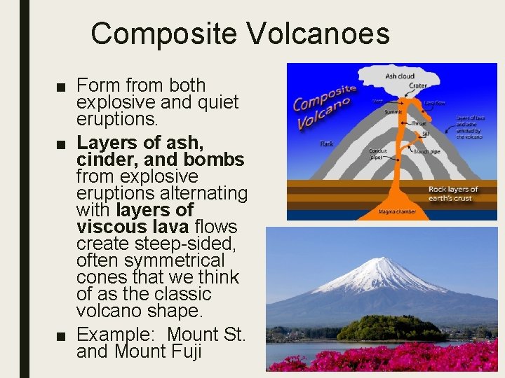 Composite Volcanoes ■ Form from both explosive and quiet eruptions. ■ Layers of ash,