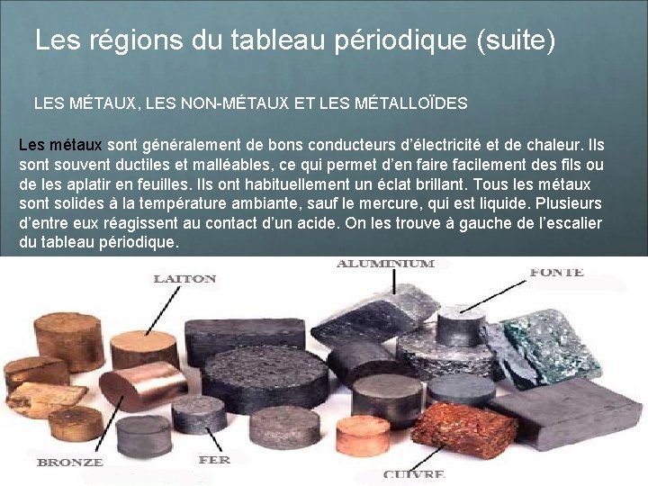 Les régions du tableau périodique (suite) LES MÉTAUX, LES NON-MÉTAUX ET LES MÉTALLOÏDES Les