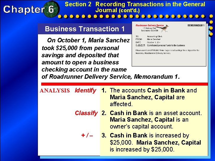 Section 2 Recording Transactions in the General Journal (cont'd. ) Business Transaction 1 On