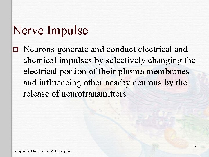 Nerve Impulse o Neurons generate and conduct electrical and chemical impulses by selectively changing