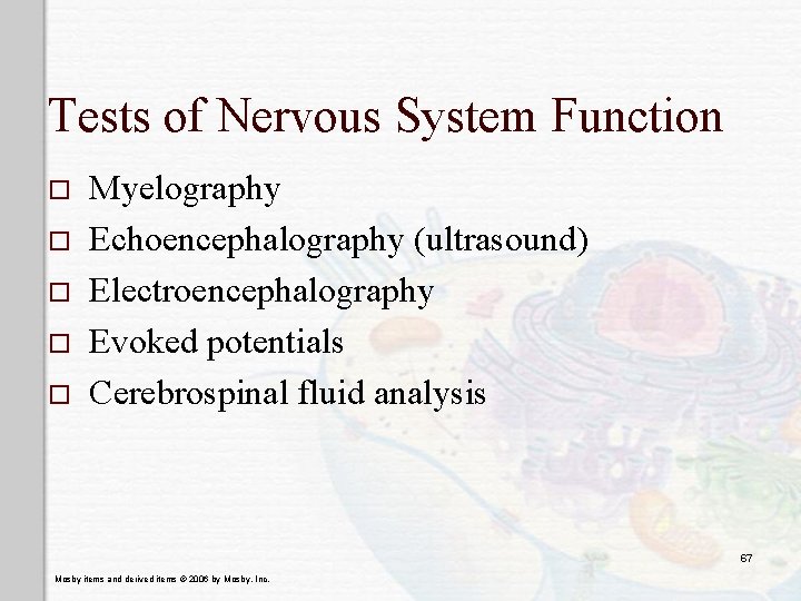 Tests of Nervous System Function o o o Myelography Echoencephalography (ultrasound) Electroencephalography Evoked potentials