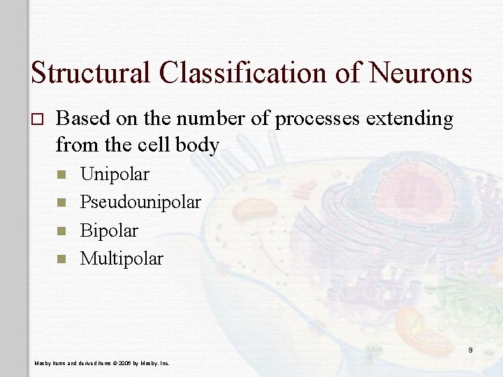 Structural Classification of Neurons o Based on the number of processes extending from the