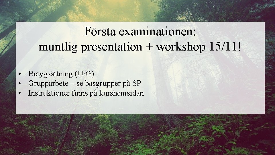 Första examinationen: muntlig presentation + workshop 15/11! • Betygsättning (U/G) Frågor • Grupparbete –