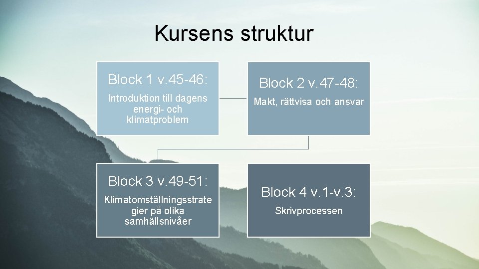 Kursens struktur Block 1 v. 45 -46: Block 2 v. 47 -48: Introduktion till