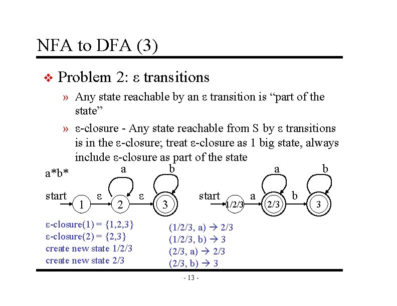 NFA to DFA (3) v Problem 2: ε transitions » Any state reachable by