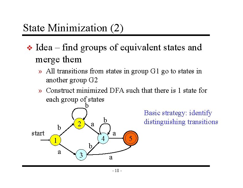 State Minimization (2) v Idea – find groups of equivalent states and merge them
