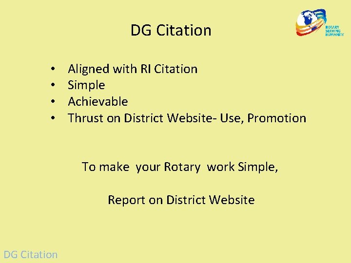 DG Citation • • Aligned with RI Citation Simple Achievable Thrust on District Website-