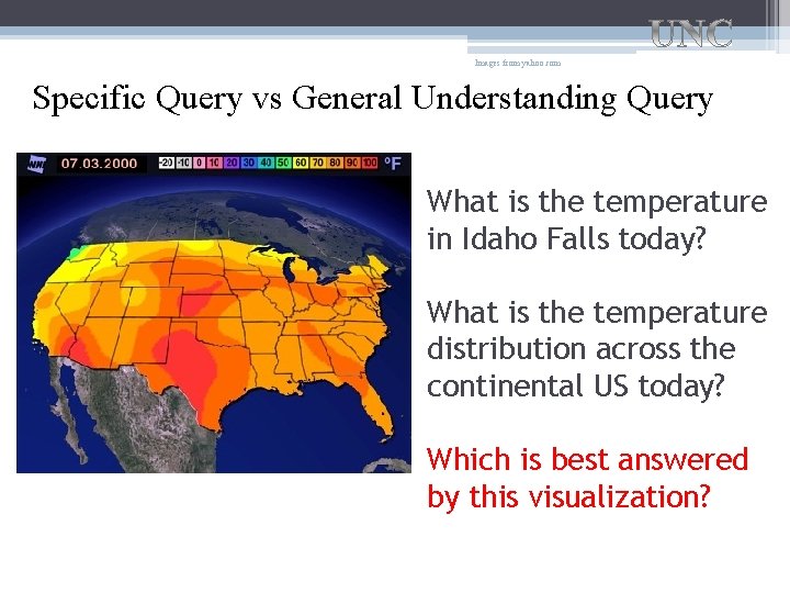 Images from yahoo. com Specific Query vs General Understanding Query What is the temperature