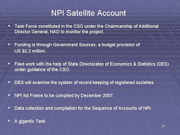 NPI Satellite Account § Task Force constituted in the CSO under the Chairmanship of