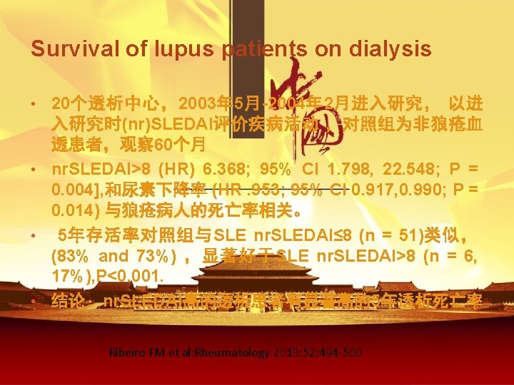 Survival of lupus patients on dialysis 20个透析中心，2003年 5月-2004年 2月进入研究， 以进 入研究时(nr)SLEDAI评价疾病活动 ，对照组为非狼疮血 透患者，观察 60个月