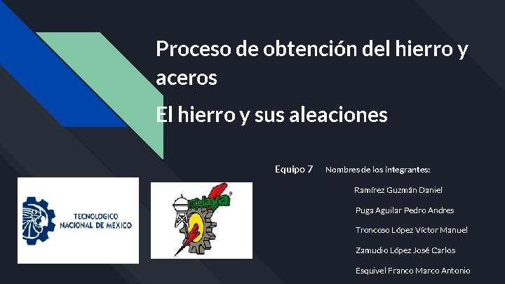 Proceso de obtención del hierro y aceros El hierro y sus aleaciones Equipo 7
