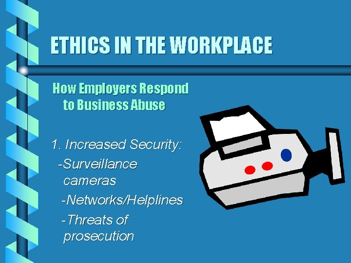 ETHICS IN THE WORKPLACE How Employers Respond to Business Abuse 1. Increased Security: -Surveillance