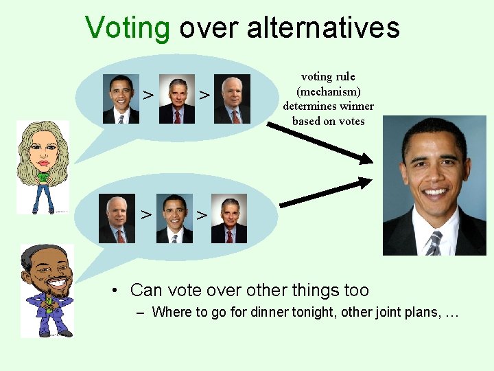 Voting over alternatives > > voting rule (mechanism) determines winner based on votes •