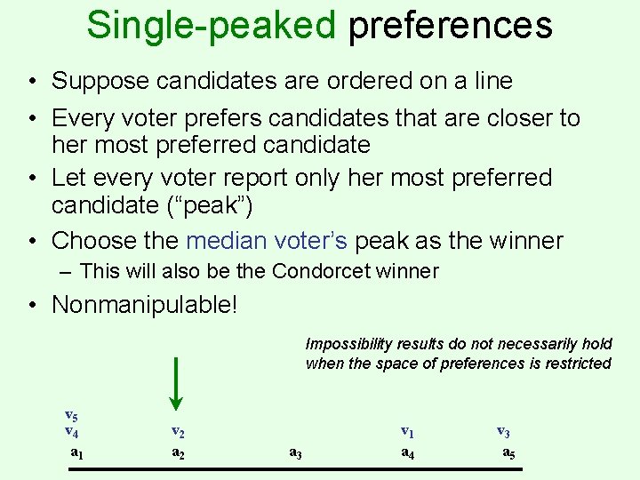 Single-peaked preferences • Suppose candidates are ordered on a line • Every voter prefers