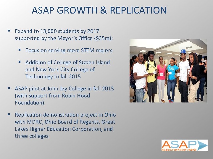 ASAP GROWTH & REPLICATION § Expand to 13, 000 students by 2017 supported by